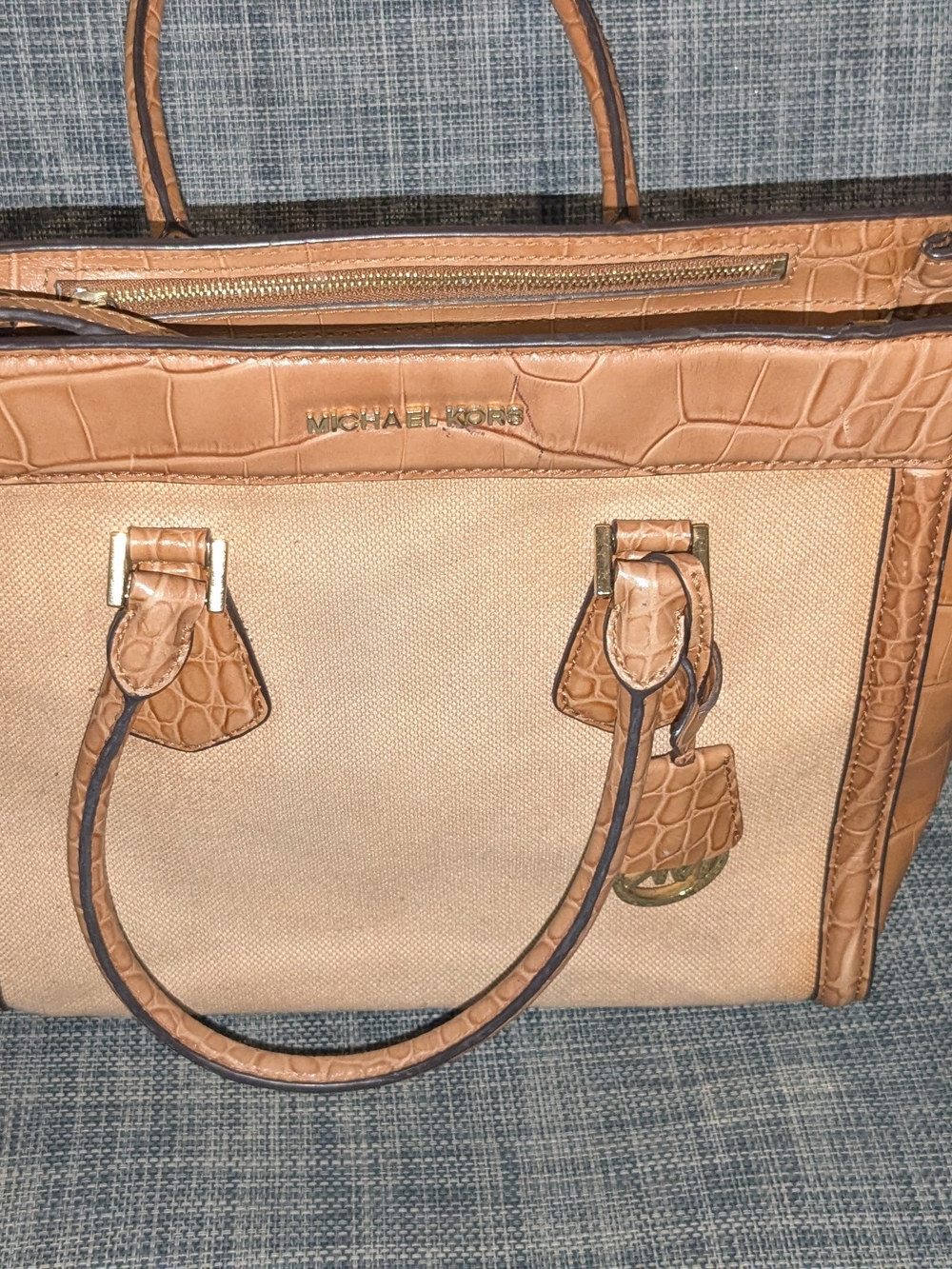 Michael Kors Tan Canvas & Croc-Trim Tote with Gold Hardware